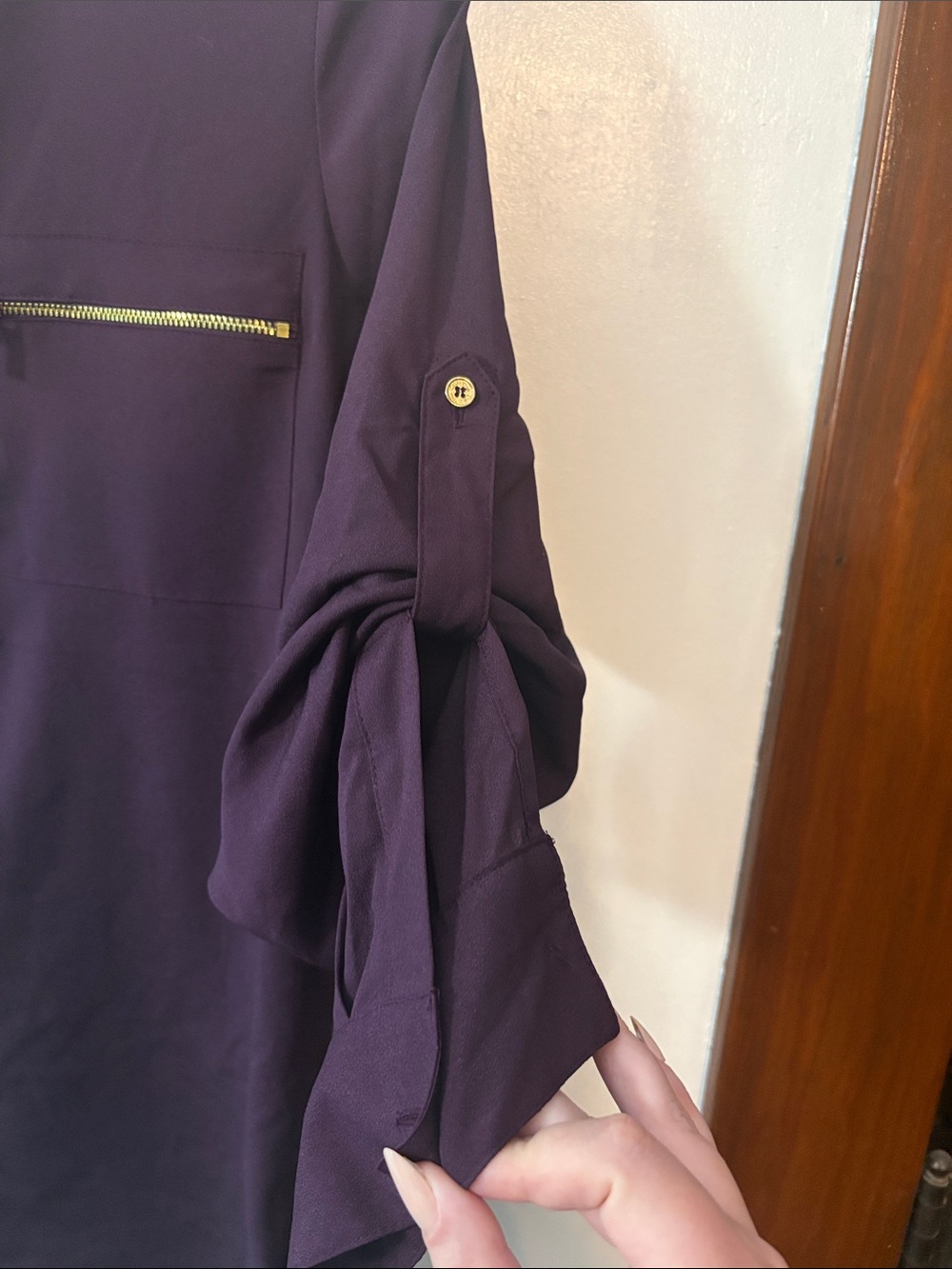 Calvin Klein Deep Plum Button-Front Blouse with Gold Zippers - Picture 5 of 5